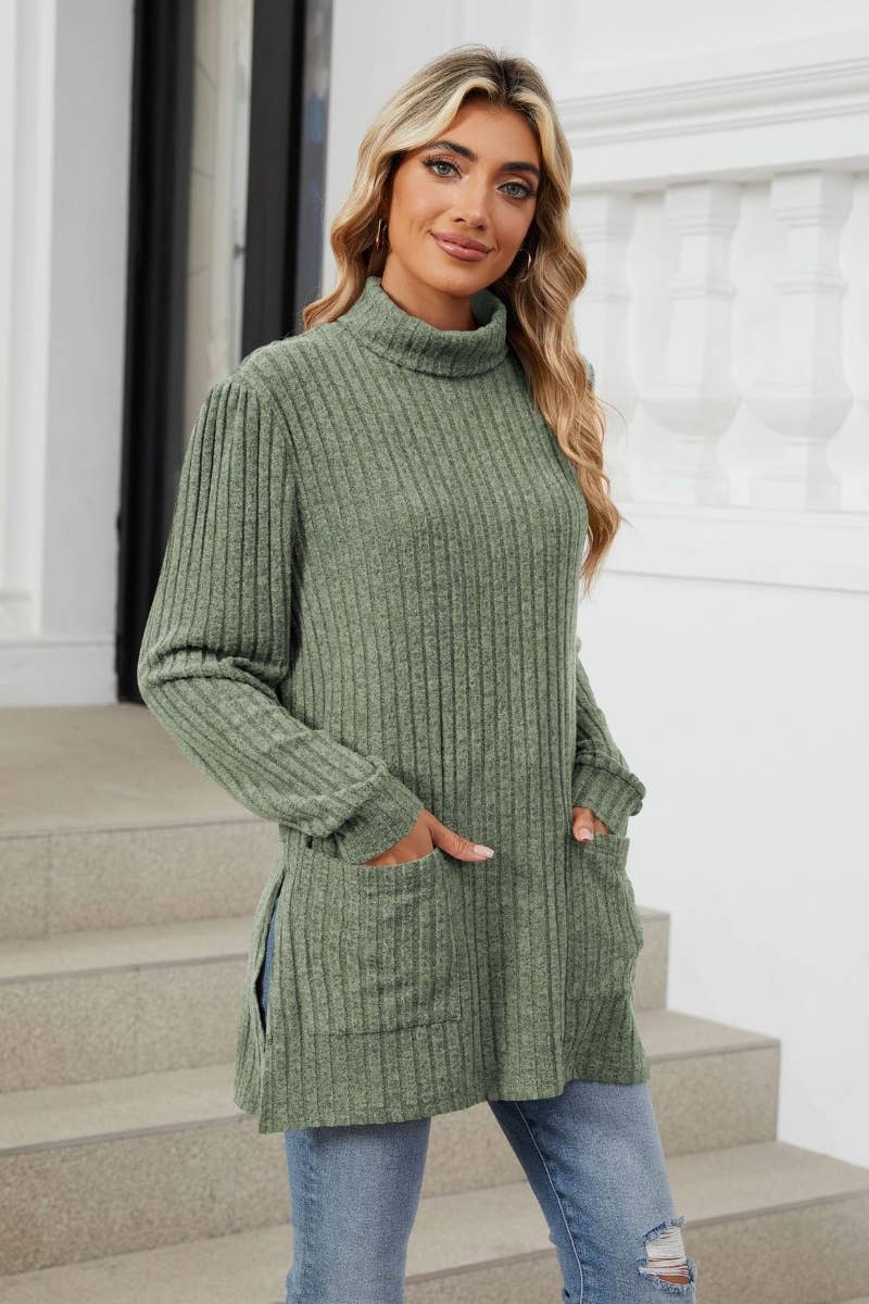 CWOSWL6563_TURTLENECK LONG SLEEVE POCKET SLIT SWEATER LONG