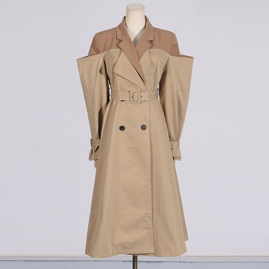 Spring New Colorblock Trench Coat with Waist Belt_CWOCO1263