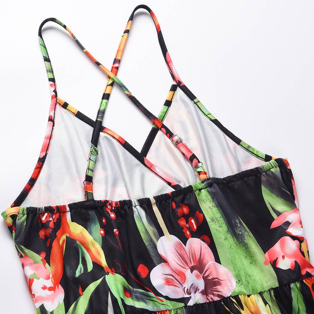 Bohemian Floral Print Spaghetti Strap Long Dress