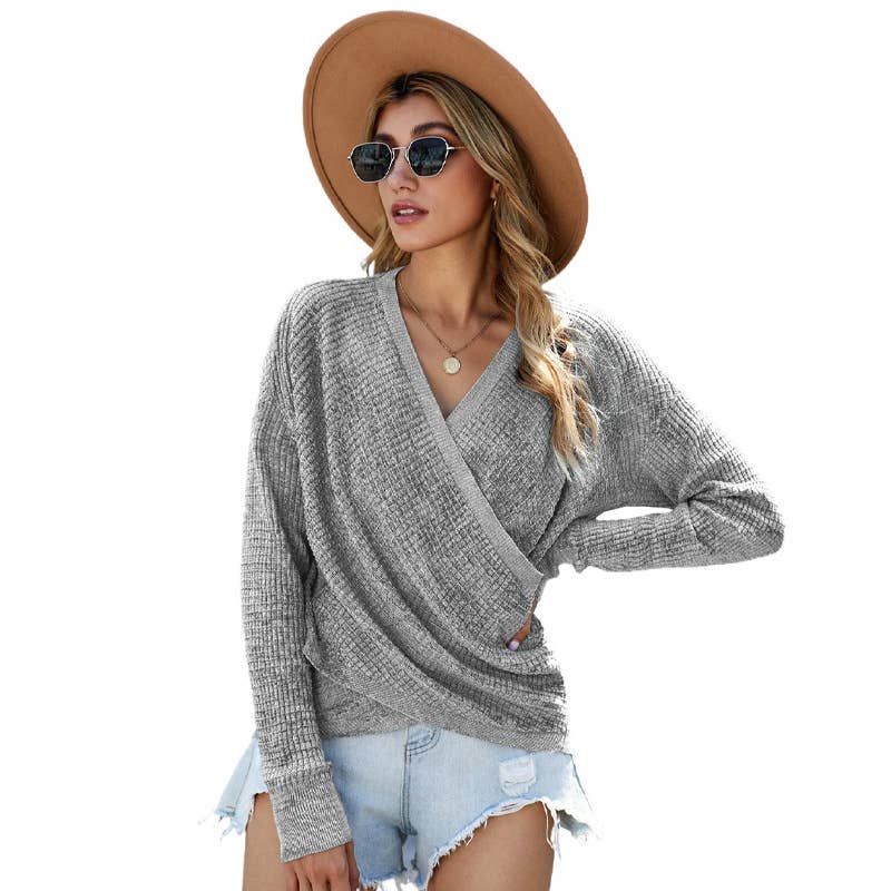 CROSSED V-NECK SOLID COLOR LONG-SLEEVED SWEATER