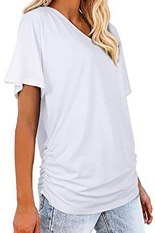 CWTTS1178_V-NECK SOLID COLOR CASUAL LOOSE TOP