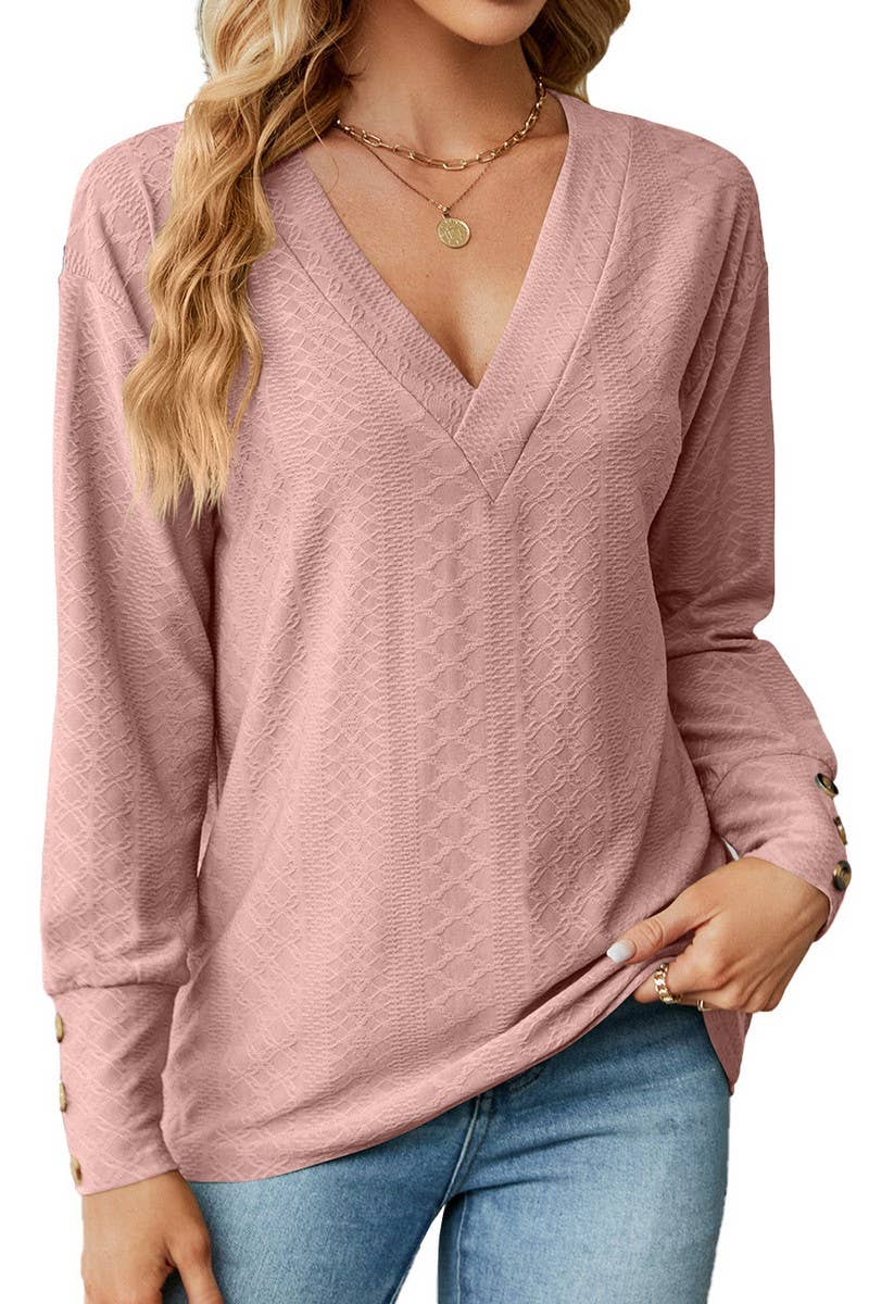 CWTTL1591_V-neck Pullover Long Sleeve Top