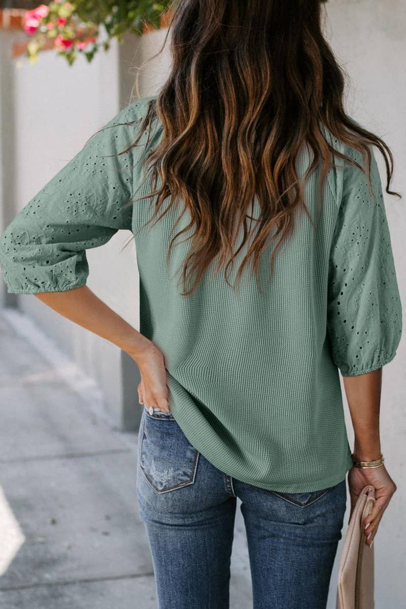 CWOHOS0021_SUMMER DRAWSTRING HOLLOW V-NECK SLEEVE T-SHIRT