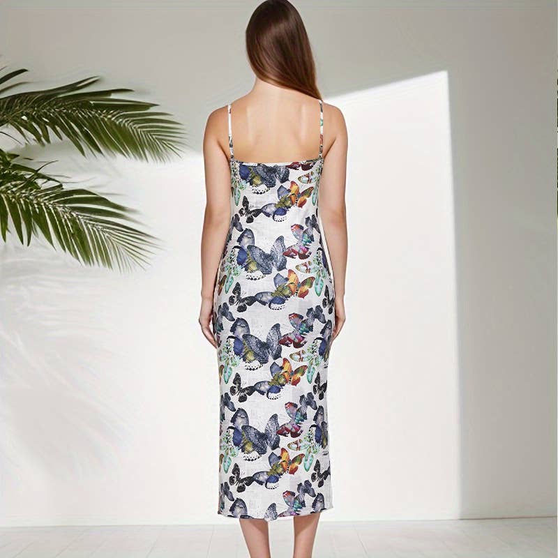 BUTTERFLY PRINT SEXY SLIM-FIT HALTER DRESS