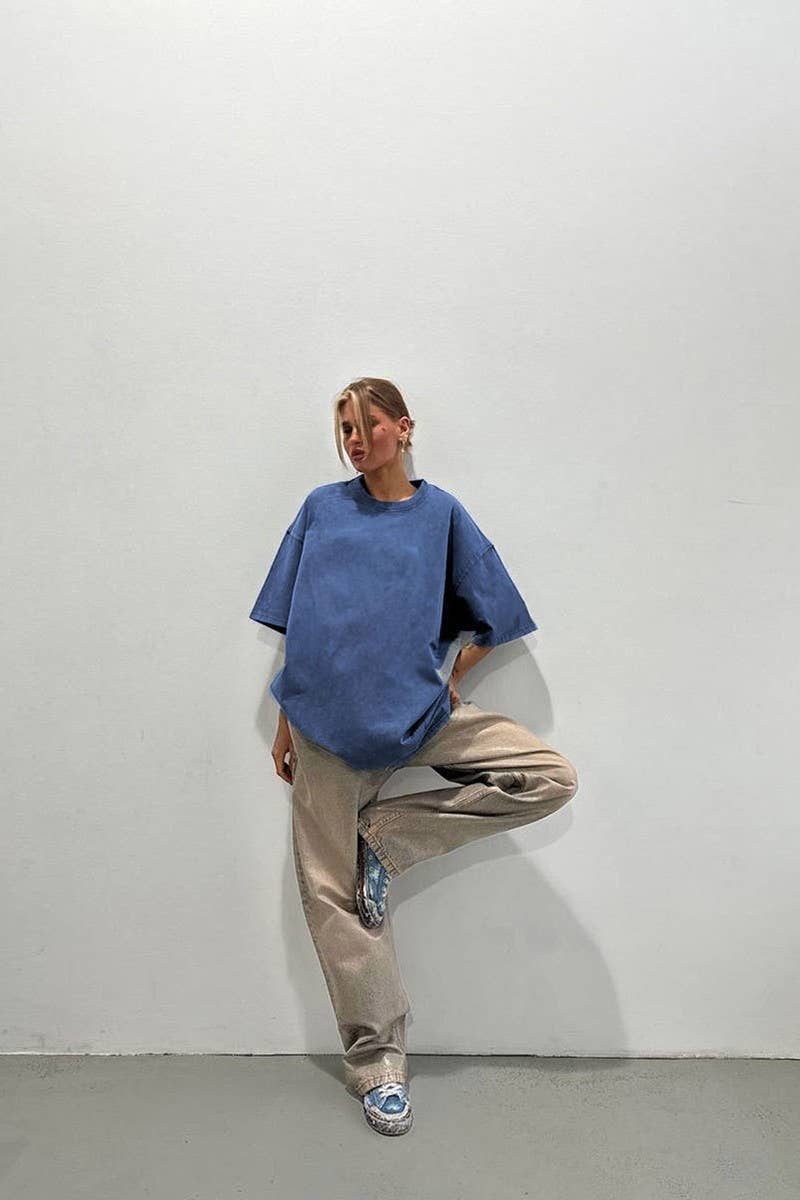 CWTTS1176_ROUND NECK WASHED DISTRESSED SHORT SLEEVE T-SHIRT