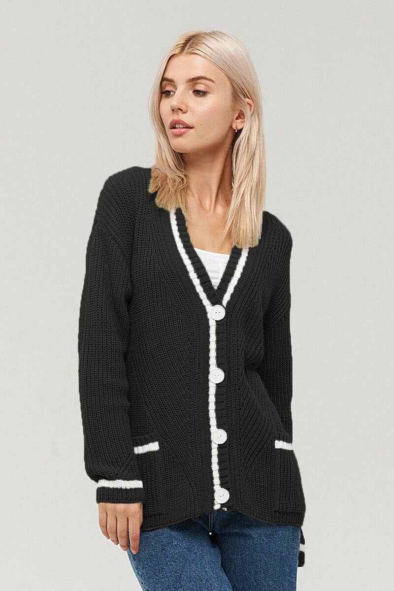 CWOCAL1619_V-NECK POCKET COLOR-BLOCK KNITTED CARDIGAN COAT