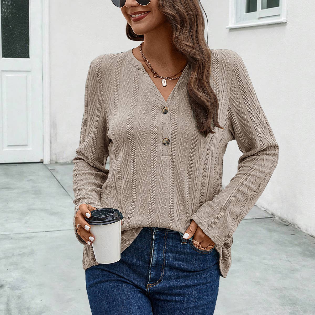 BUTTON KNIT FABRIC LONG SLEEVE TOP