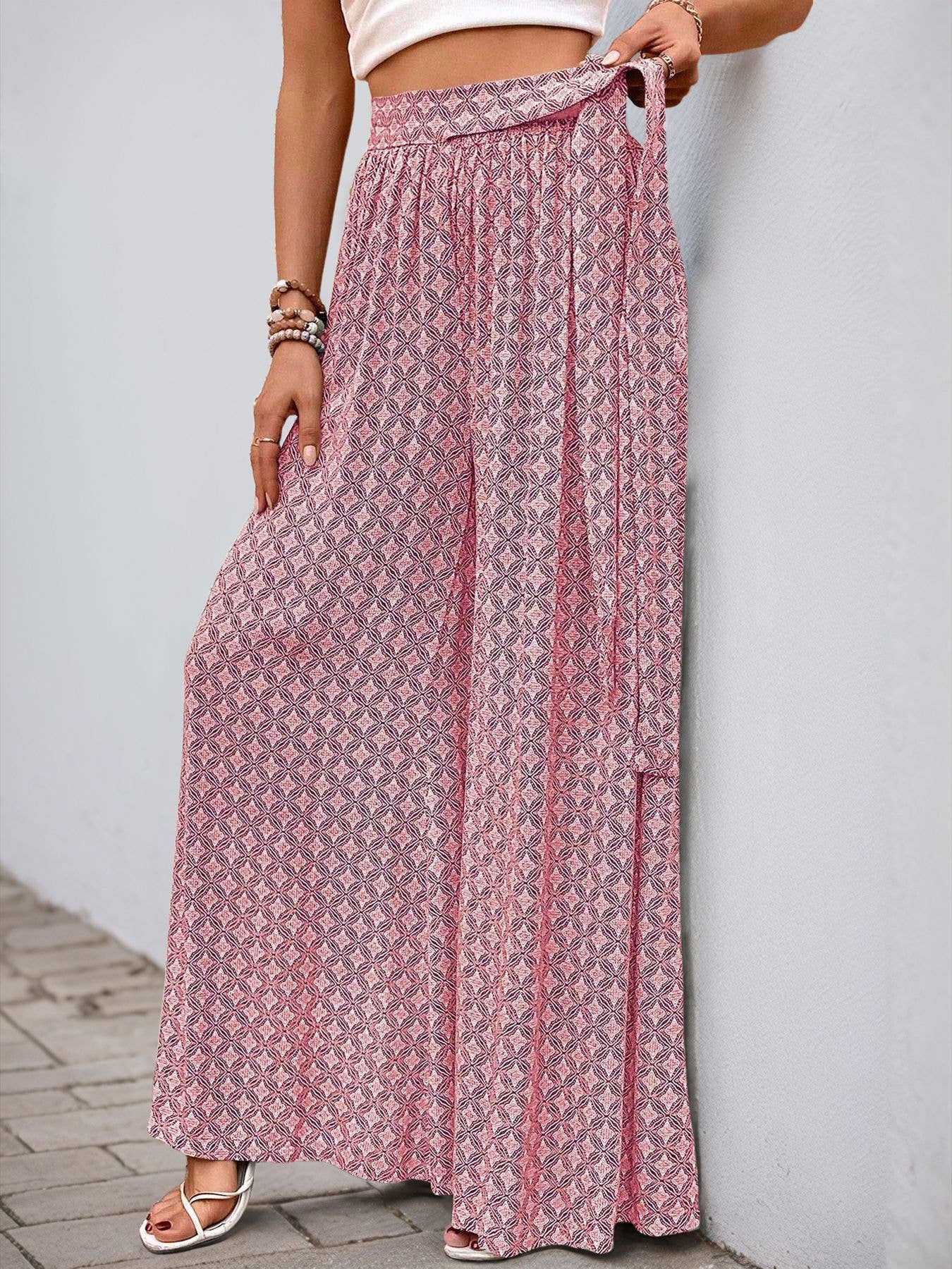 Casual lace-up geometric print flared pants