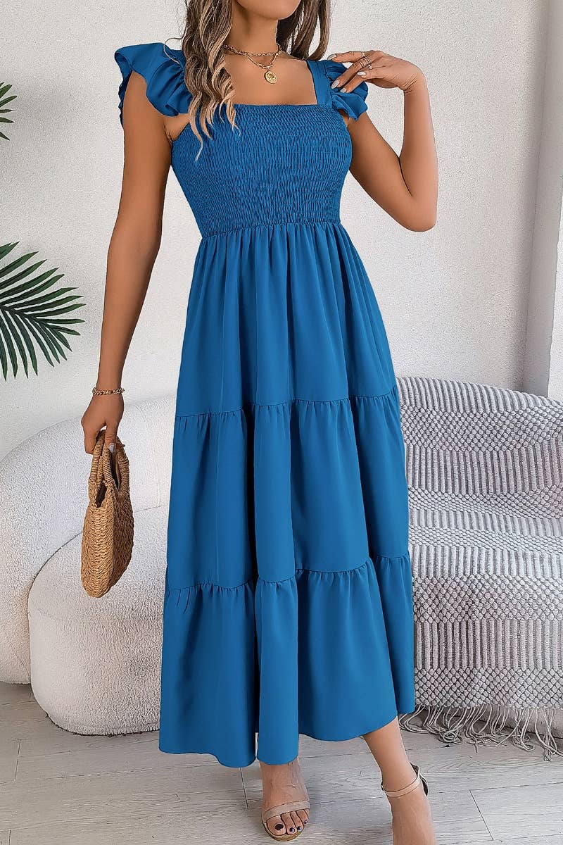 CWDMD2662_A-LINE DRESS WITH SQUARE COLLAR WOODEN EAR EDGE