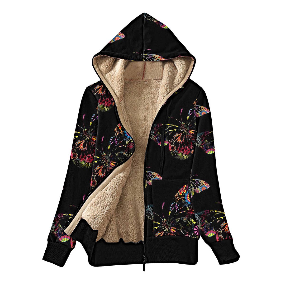 Fluffy multi-colored printed hooded and fleece jacket