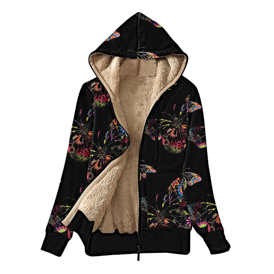 Fluffy multi-colored printed hooded and fleece jacket