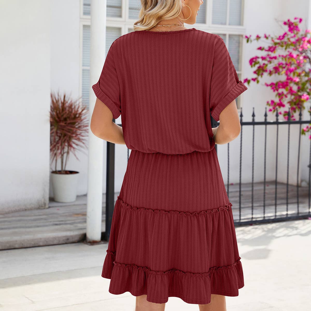 Draping solid color pleated skirt dress