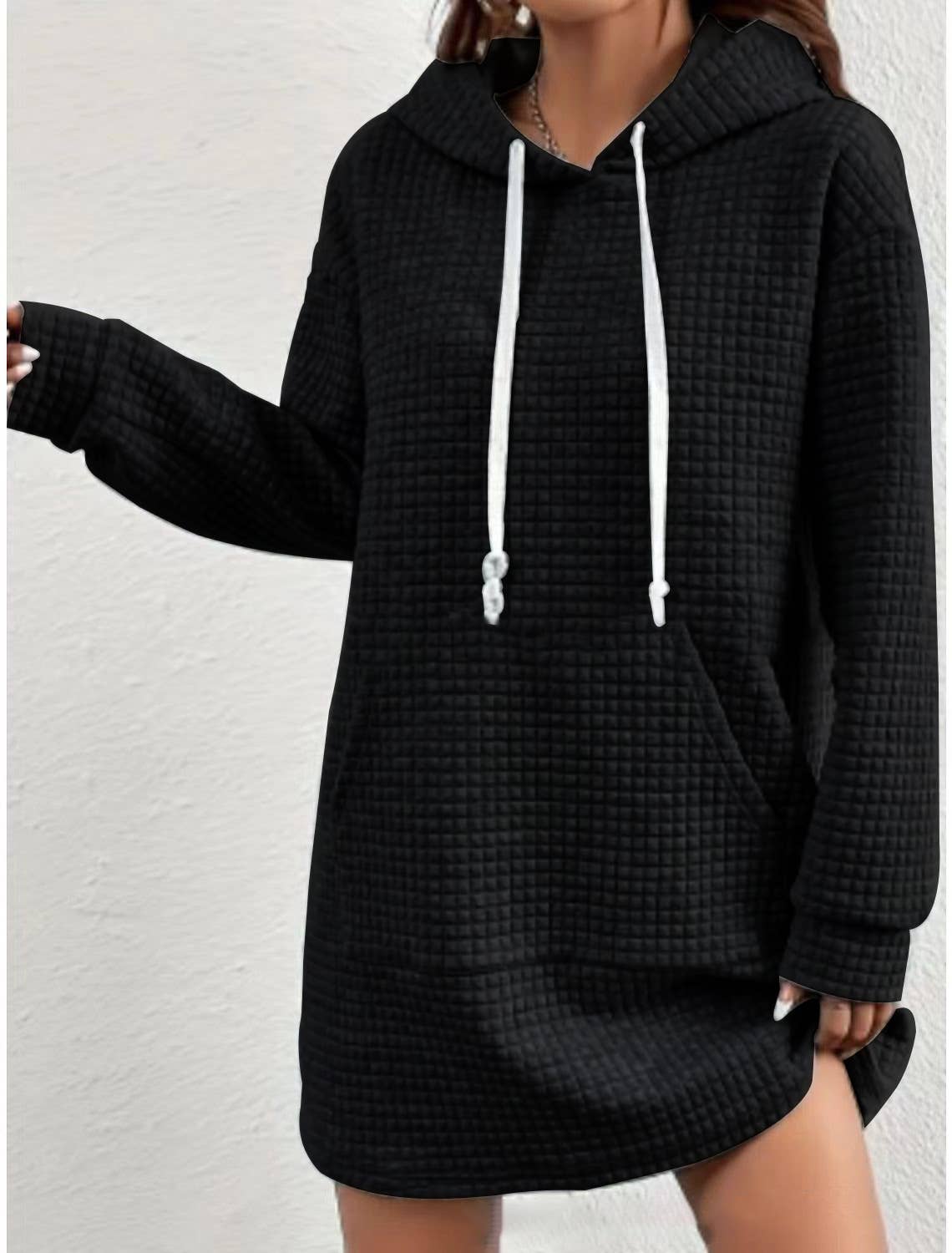Casual hooded Waffle sweatshirt dress
