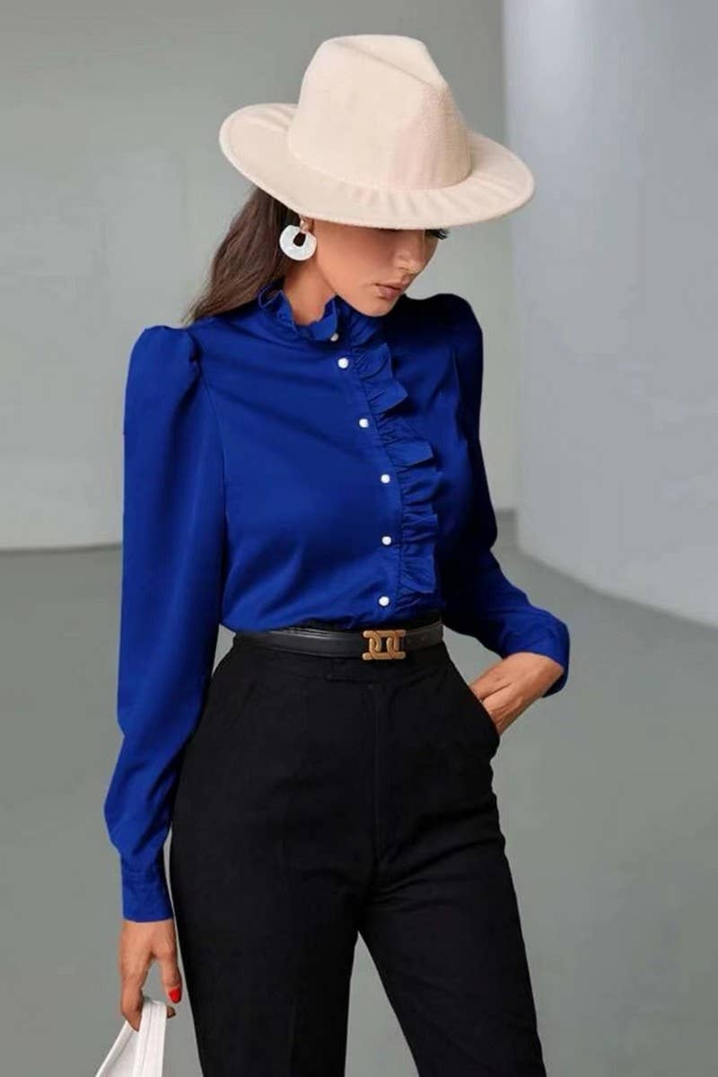 CWTBLS2041_SOLID COLOR RUFFLED LONG SLEEVE BLOUSE