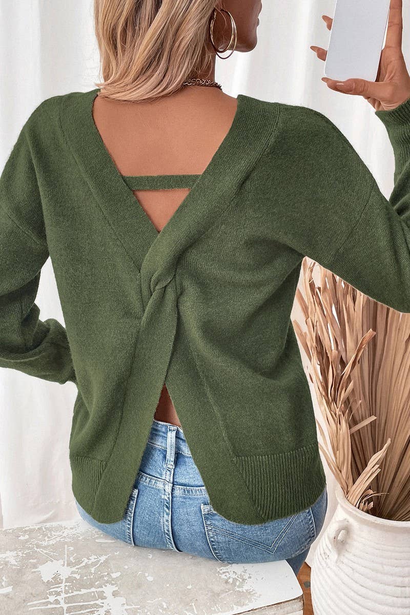 CWOSWL6842_LOOSE V-NECK TEMPERAMENT BACKLESS SLIT SWEATER