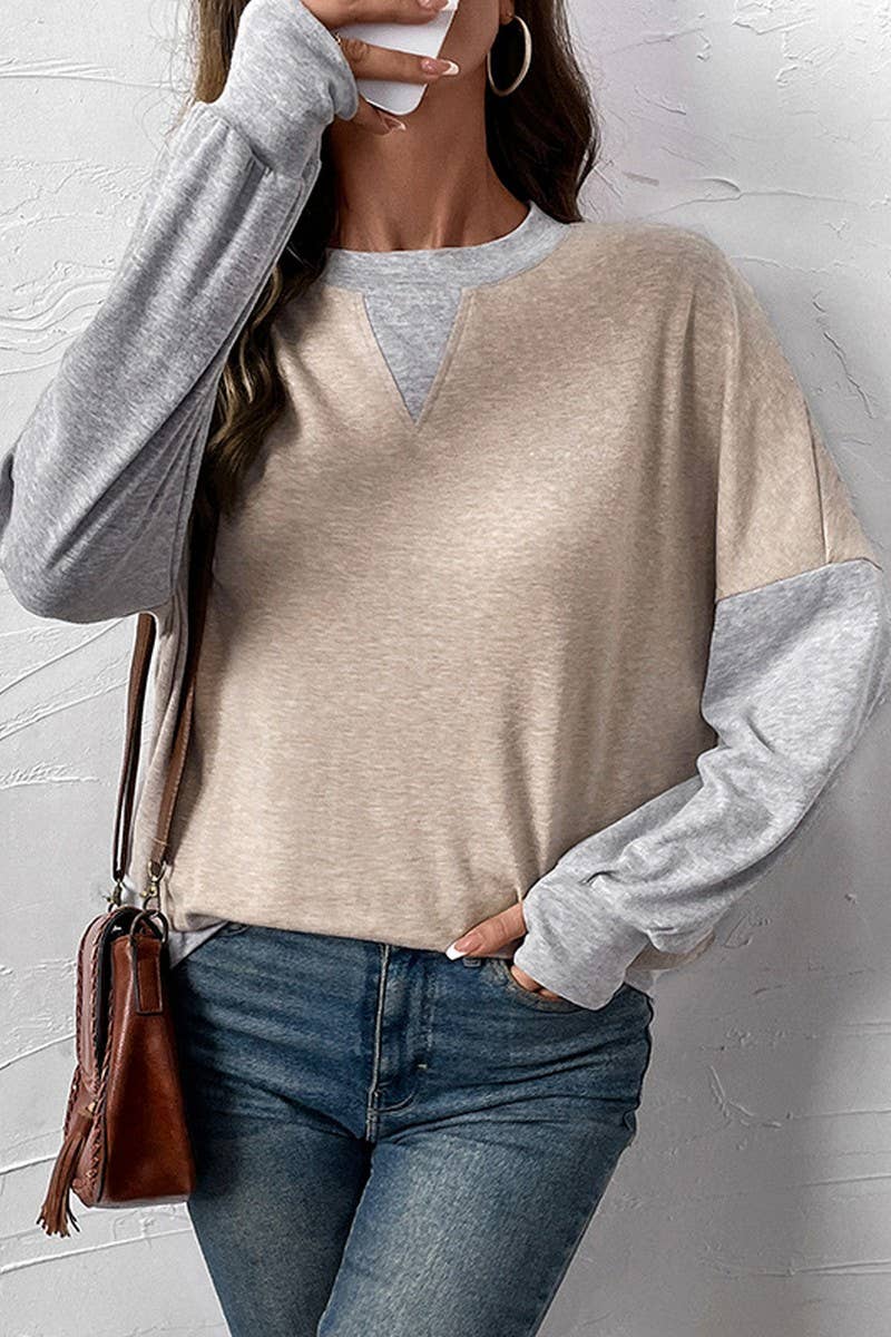 CWTBLL3705_AUTUMN AND WINTER ROUND NECK PATCHWORK LOOSE TOP