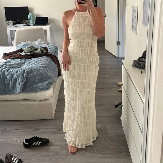 Backless pleated striped personalized dress