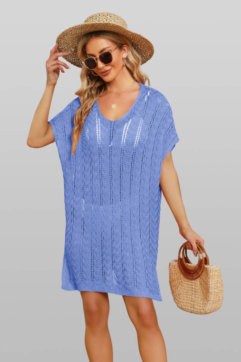 CWDSD3930_SOLID COLOR CUT-OUT SPLIT BEACH DRESS SMOCK