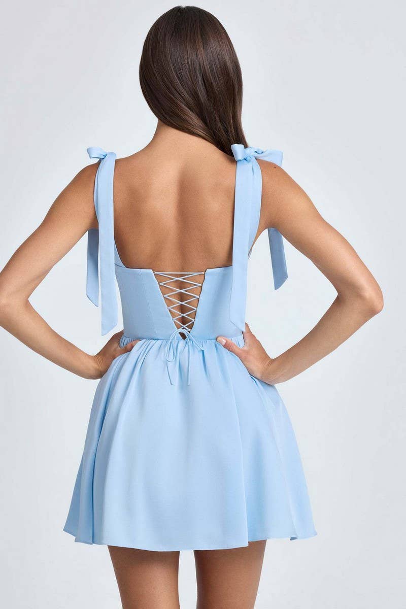 CWDSD8121_SQUARE NECK HIGH WAIST PLEATED BOW SLIP DRESS