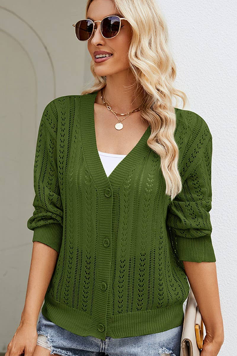 CWOCAL0775_TEMPERAMENT V-NECK HOLLOW KNITTED CARDIGAN