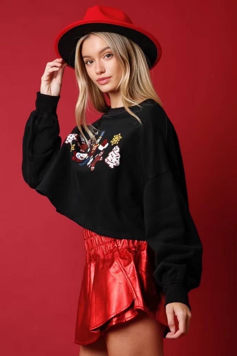 CWTBLL01266_CHRISTMAS SEQUINED CASUAL CROPPED SWEATSHIRT