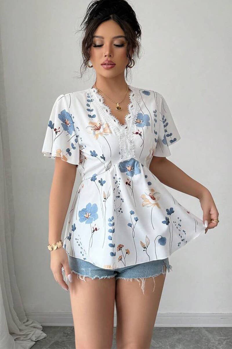 CWTTS1591_SUMMER V-NECK LACE SMALL FLORAL SHIRT