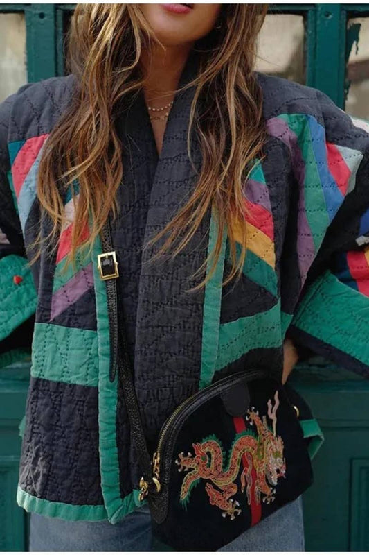 CWOCO0899_FASHION PRINT PATCHWORK LONG-SLEEVED COAT