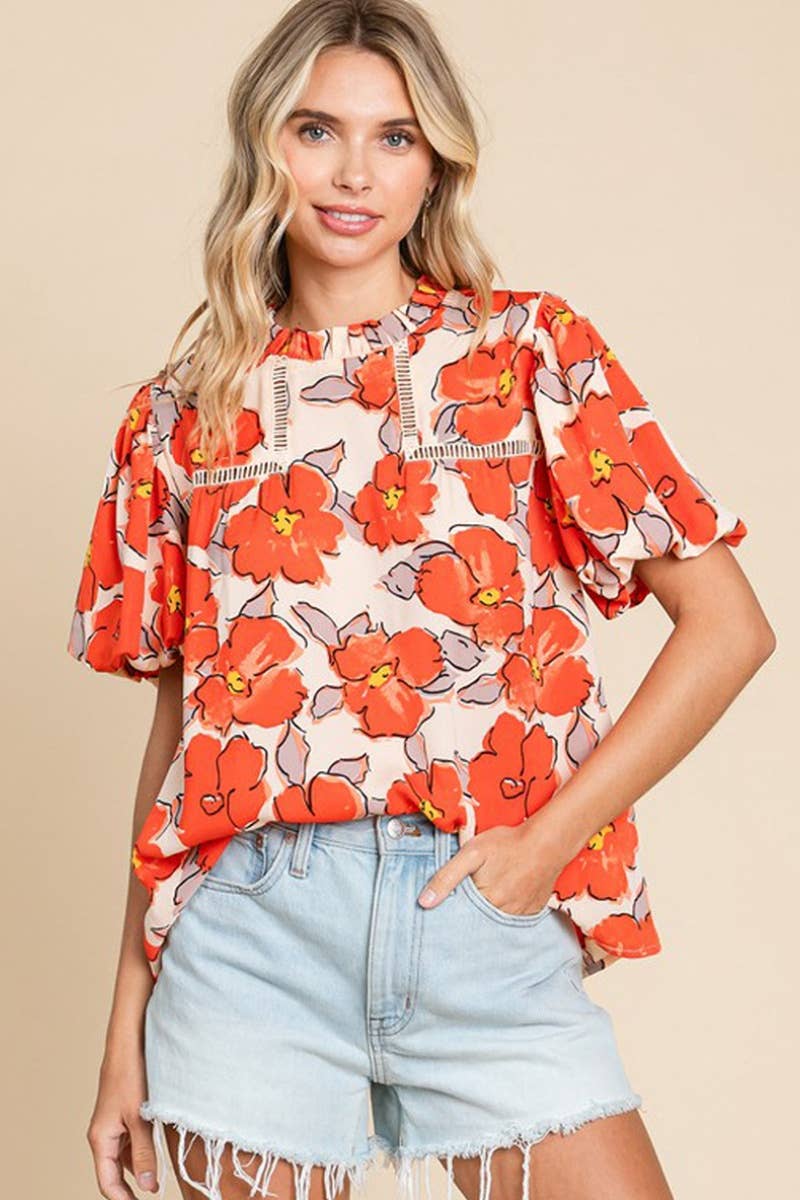 CWTBLS1302_ROUND NECK SHORT SLEEVE FLOWER PRINT TOP