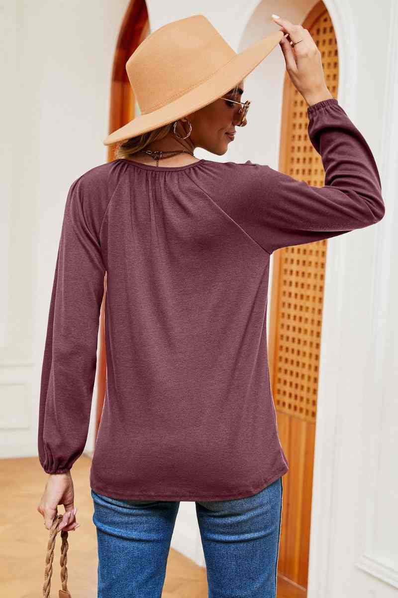 CWTBLL2840_CASUAL SOLID COLOR PLEATED LONG SLEEVE TOP
