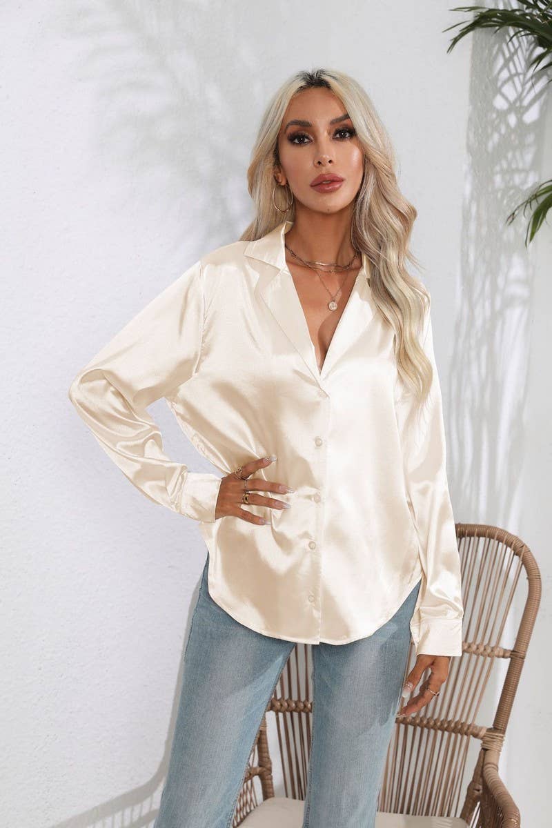 CWTBLL0693_Button Down Silky Satin Long Sleeve Top