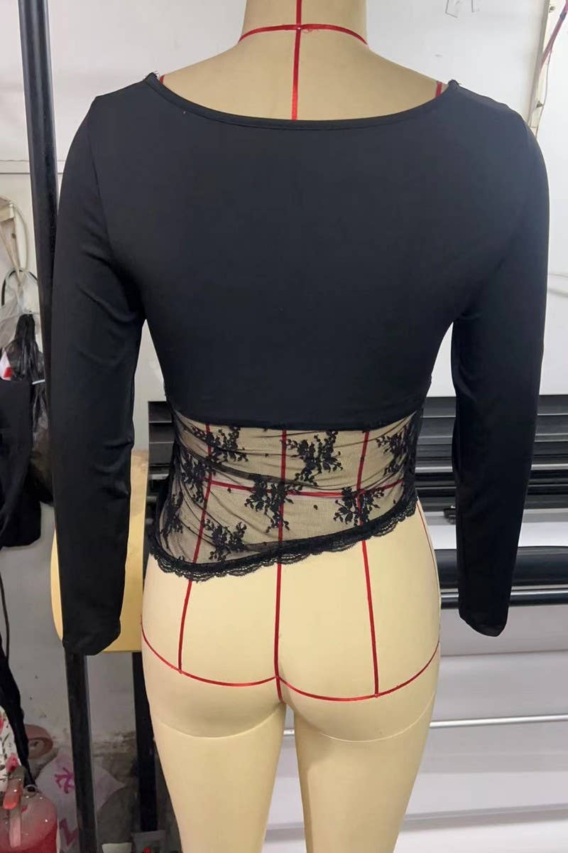 CWTBLL1614_SOLID COLOR V-NECK LACE PATCHWORK TOP