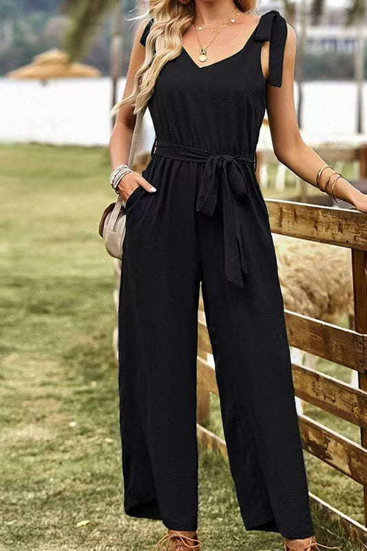 CWSJS1587_SOLID COLOR SLEEVELESS TIE WAIST JUMPSUIT