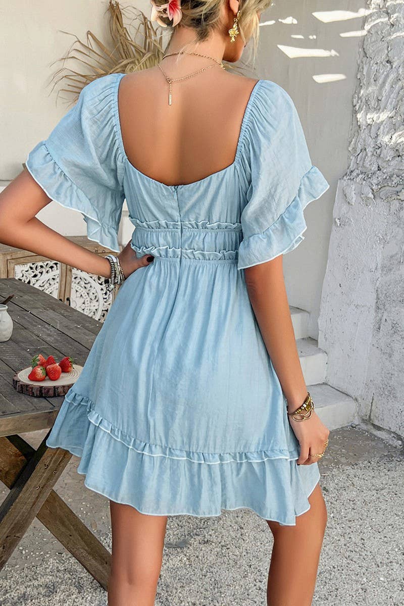 CWDSD7875_SUMMER SOLID COLOR RUFFLED SHORT-SLEEVED DRESS