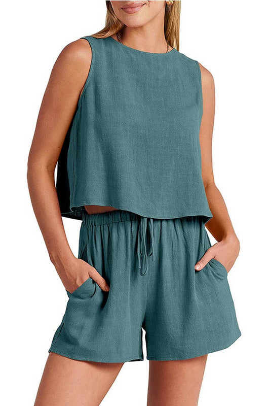 CWSTB1594_SOLID COLOR SLEEVELESS TOP SHORTS TWO PIECE SET