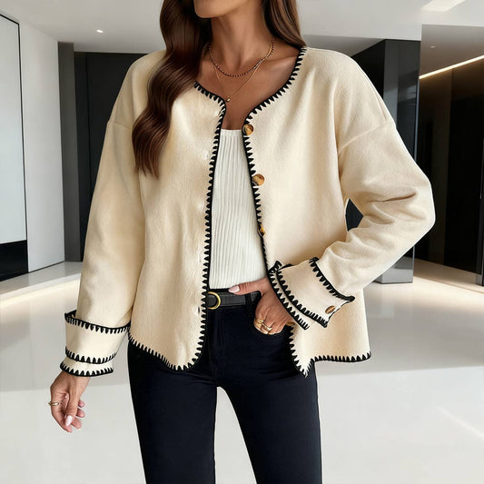 Casual line-patterned color-blocking cardigan