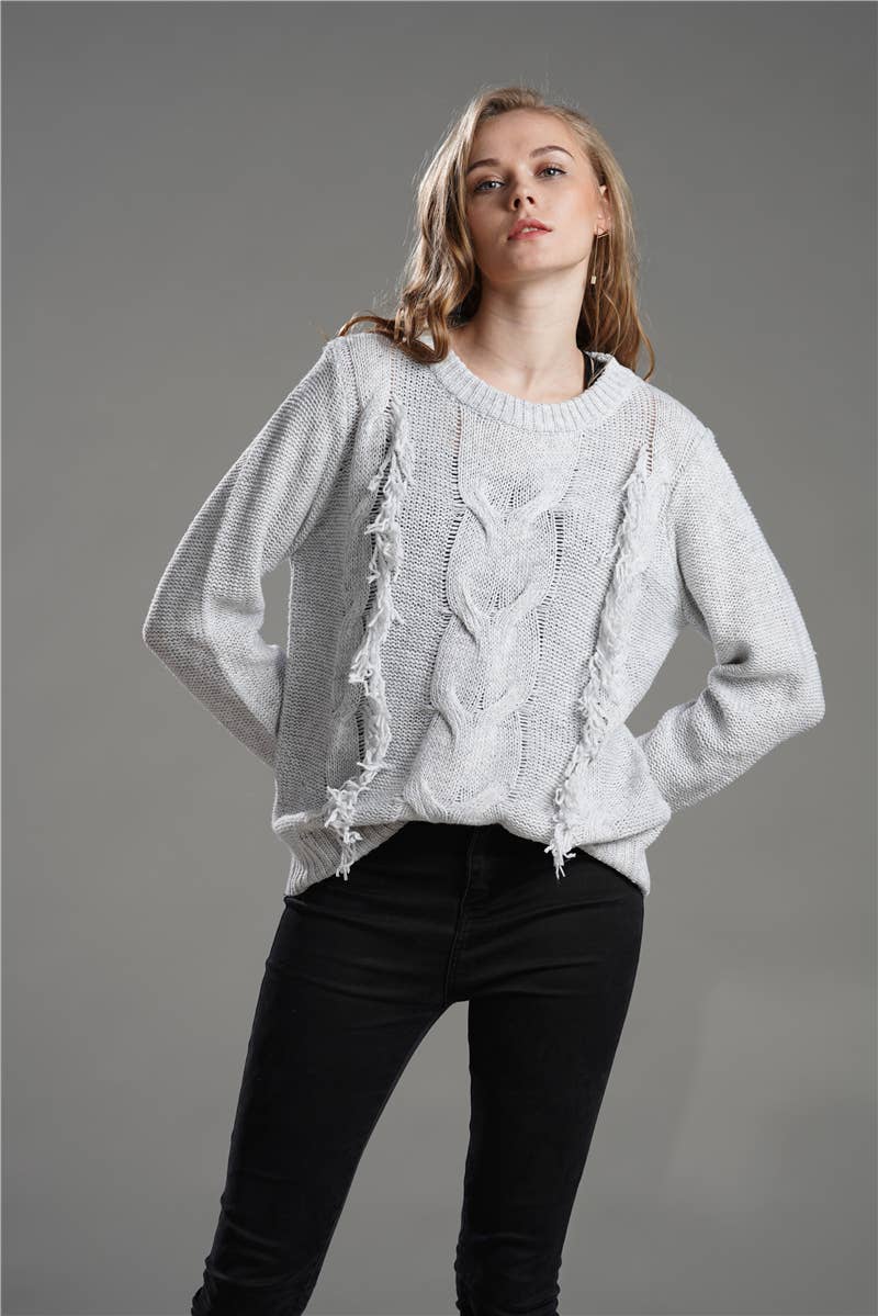 CREWNECK LONG SLEEVE PULLOVER SWEATER WITH FRINGE