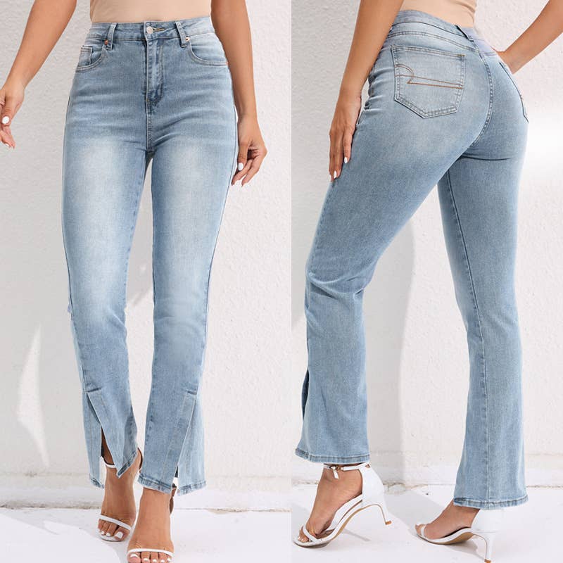 Elastic straight-leg high-waisted washed jeans