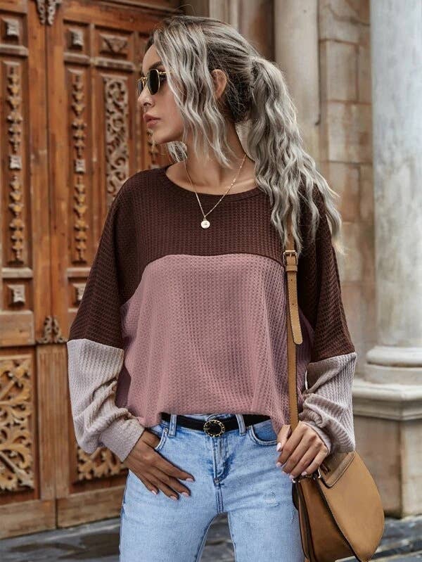 COLOR CONTRAST PATCHWORK LONG-SLEEVED CASUAL TOP