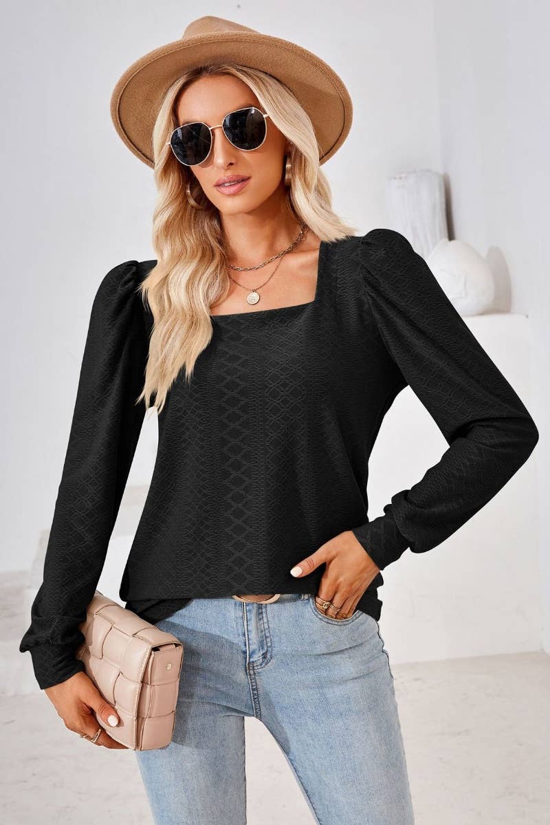 CWTBLL2798_AUTUMN SQUARE NECK JACQUARD LONG-SLEEVED TOP
