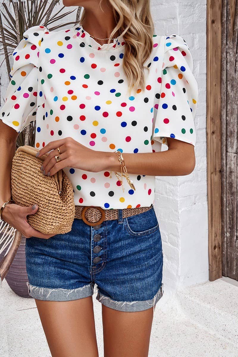 CWTBLL3611_CASUAL COMMUTER POLKA DOT PUFF SLEEVE TOP