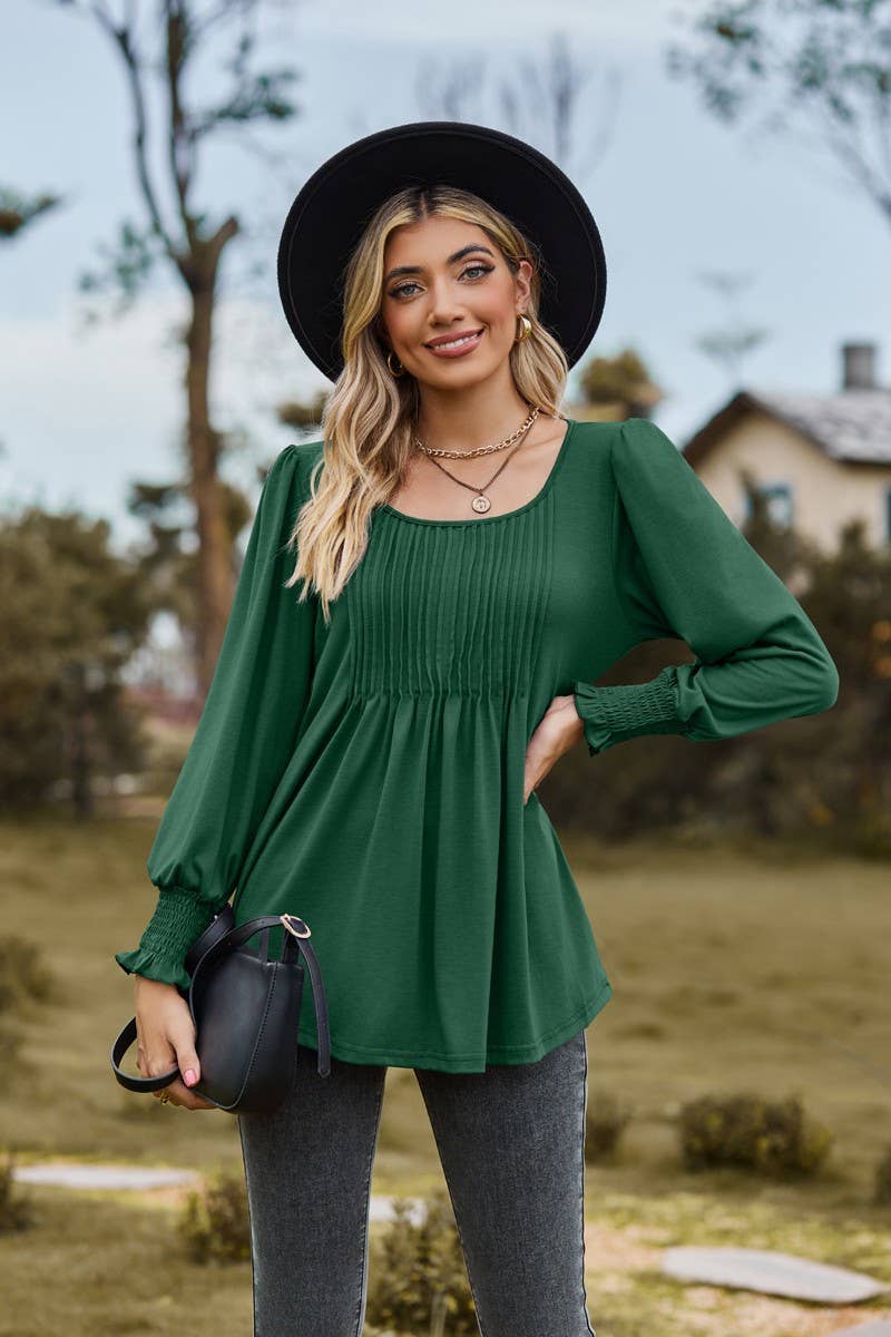 CWTBLL3687_NEW AUTUMN SOLID COLOR ROUND NECK DRAW CUFFS TOP