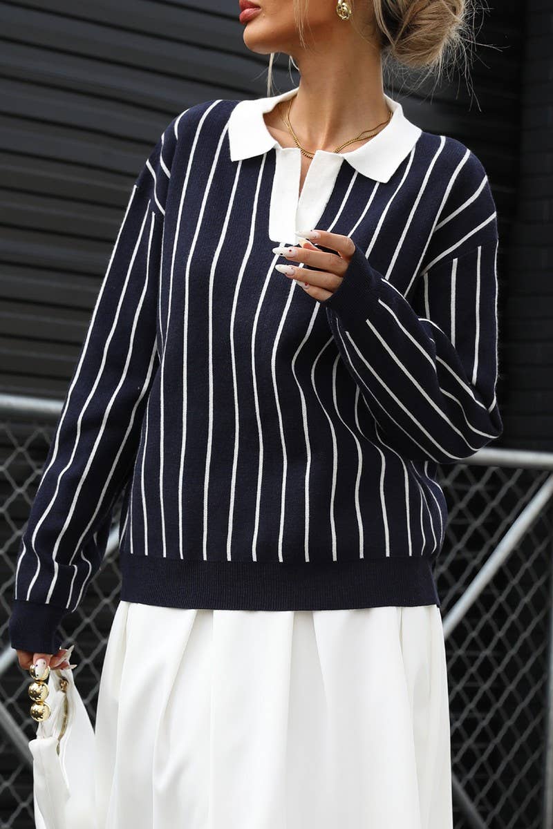 CWOSWL6899_COLLARED CASUAL STRIPED KNIT LONG SLEEVE SWEATER
