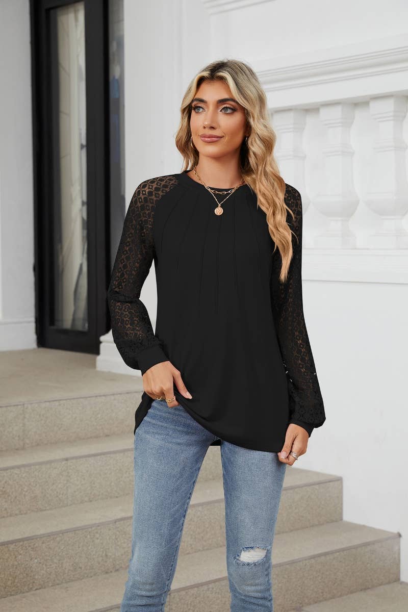 CWTBLL2860_CREW-NECK LACE PATCHWORK LONG-SLEEVED TOP