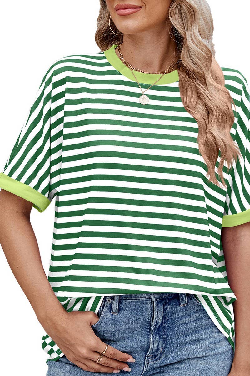 CWTTS1299_LOOSE STRIPED COLORBLOCK CREW NECK T-SHIRT TOP