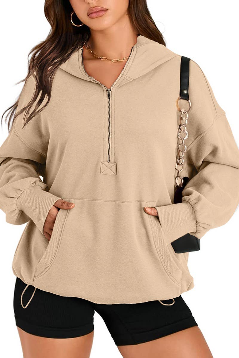 CWOHOL0935_SOLID COLOR HOODED ZIPPER POCKET SWEATSHIRT