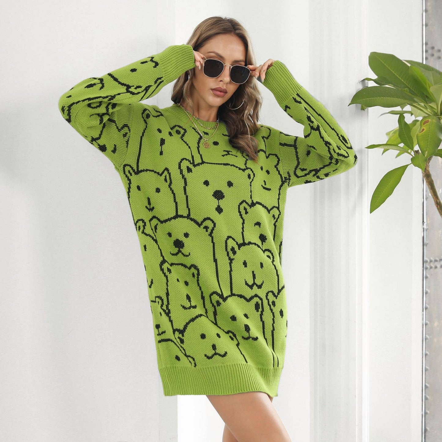 Bear jacquard long-sleeved sweater dress