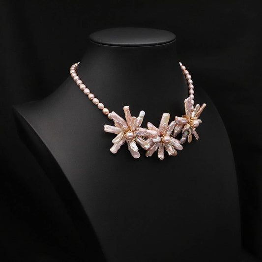 NATURAL PEARL PINK PURPLE FLOWER NECKLACE