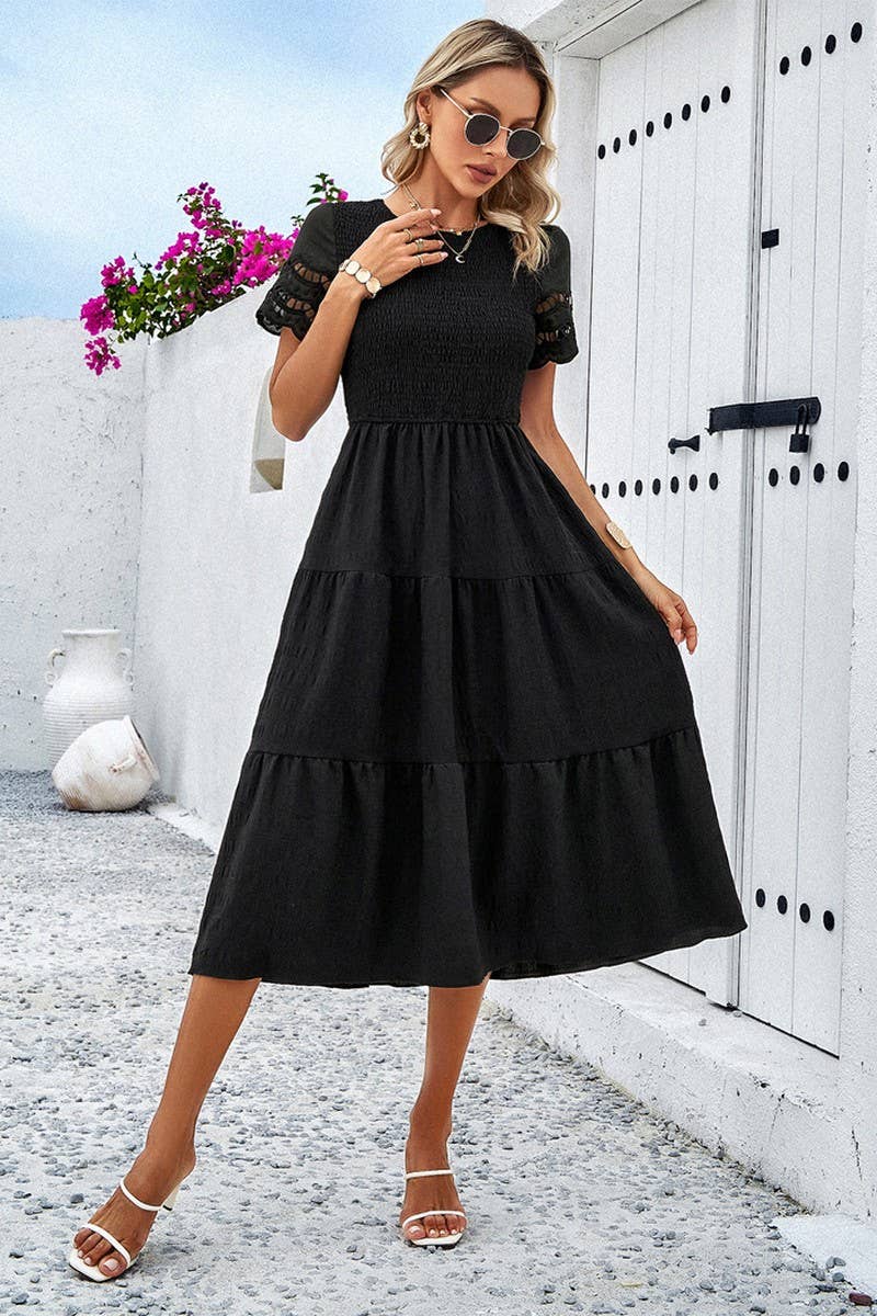 CWDSD2795_Smocking Detailed Short Sleeve Dress