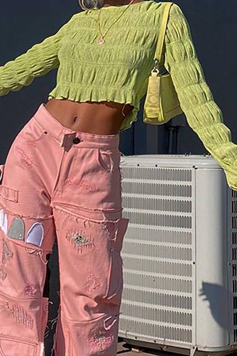 CWTBLL3445_SOLID COLOR RUFFLED CREW NECK LONG SLEEVE TOP