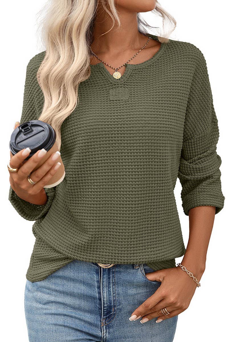 CWOSWL07716_STRIPED WAFFLE KNIT TOP WOMEN CASUAL LONG SLEEVE